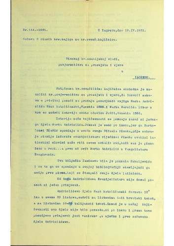 Nabava djela Marka Marulića i Marka Andriolovića za Kraljevsku i sveučilišnu biblioteku. Datiran 19. travnja 1921 