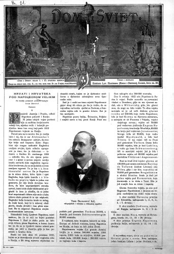Dom i sviet  : ilustrovani list za zabavu, pouku i viesti o dnevnih dogadjajih, javnom i družtvenom životu, umjetnosti i znanosti, trgovini, obrtu, glazbi i kazalištu : 13,21(1900) / urednik Stjepan Kugli.