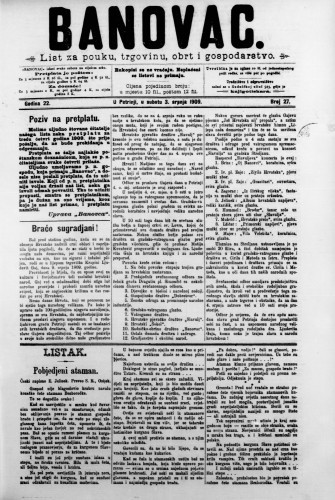 Banovac  : list za pouku, trgovinu, obrt i gospodarstvo : 22,27(1909) / odgovorni urednik Dragutin Benko.