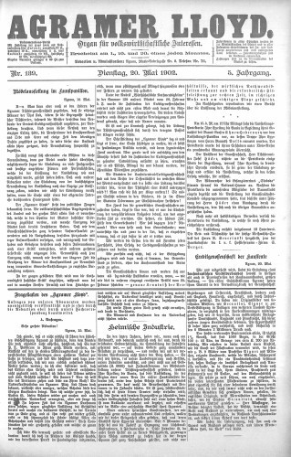 Agramer Lloyd  : organ für volkswirtschaftliche Interessen : 5,139(1902) / verantwortlicher Redacteur E. L. Blau.