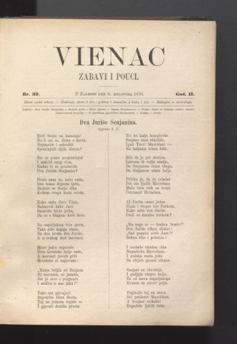 Vienac : zabavi i pouci. : 2,32(1870) / urednik Ivan Perkovac.