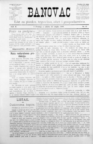 Banovac  : list za pouku, trgovinu, obrt i gospodarstvo : 2,12(1889) / odgovorni urednik Gjuro Kostinčer.