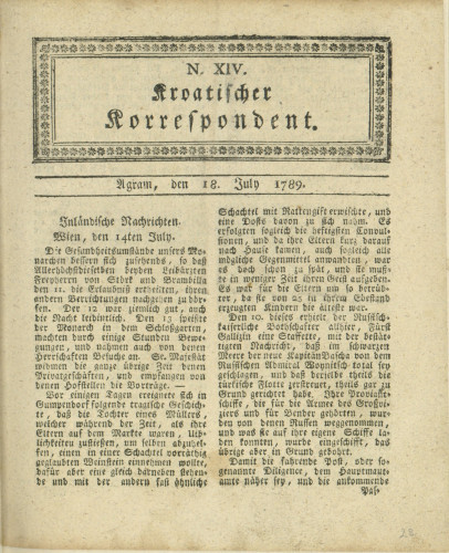 Kroatischer Korrespondent : 1,14(1789)   / [Johann Thomas].