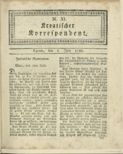 Kroatischer Korrespondent : 1,11(1789)   / [Johann Thomas].