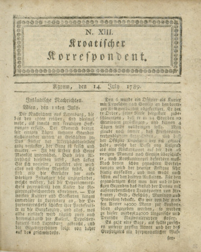Kroatischer Korrespondent : 1,13(1789)   / [Johann Thomas].