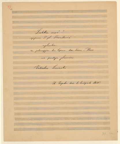 Lahku noć   / spjevao P. Preradović ; uglasbio za peteropjev: dva soprana, dva tenora i bass uz pratnju glasovira Vatroslav Lisinski.