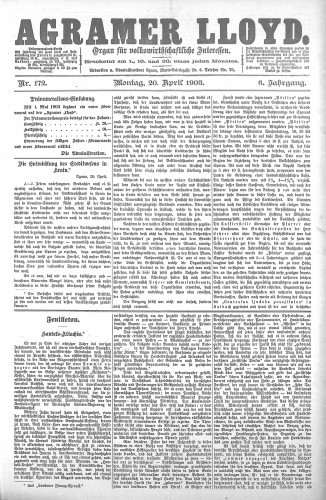 Agramer Lloyd  : organ für volkswirtschaftliche Interessen : 6,172(1903) / verantwortlicher Redacteur E. L. Blau.