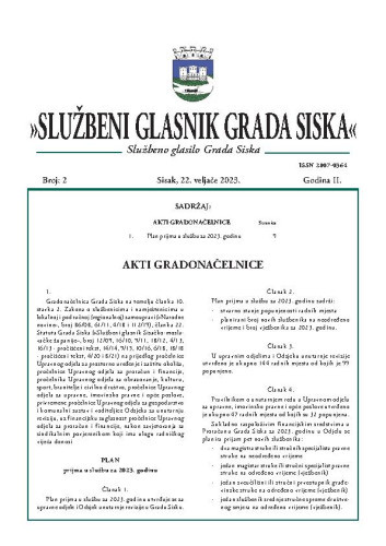 Službeni glasnik Grada Siska  : službeno glasilo Grada Siska : 2,2(2023) / uredništvo Gordana Karapandža Prica ... [et al.].