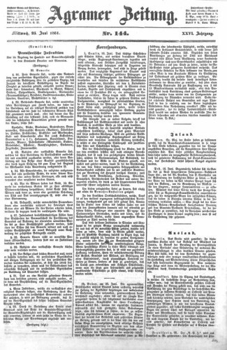 Agramer Zeitung : 26,144(1851) / für die Redaktion verantwortlich Ivan Sonvan. 