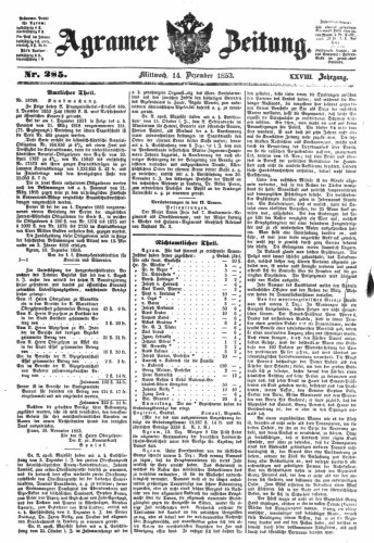 Agramer Zeitung : 28,285(1853) / Redakteur und Verleger F. S. Stauduar.