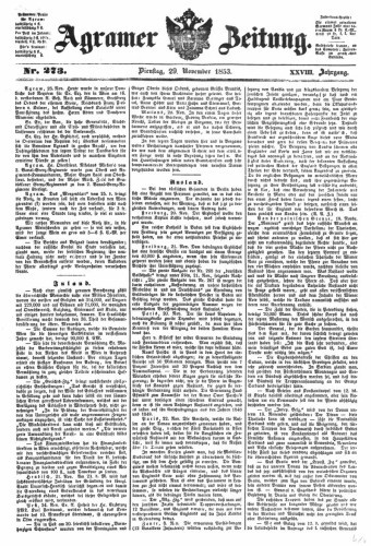 Agramer Zeitung : 28,273(1853) / Redakteur und Verleger F. S. Stauduar.