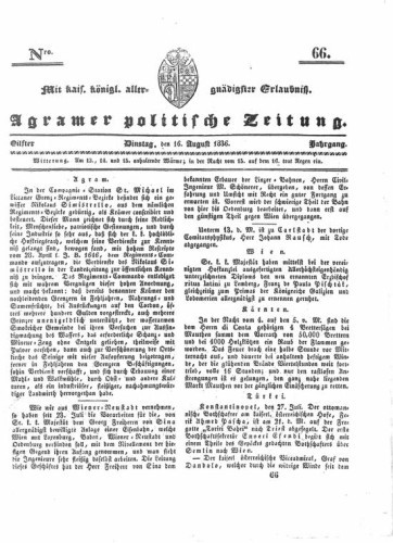 Agramer politische Zeitung : 11,66(1836) / Verlager und Redacteur Franz Stauduar und Ferd. Rosenau.
