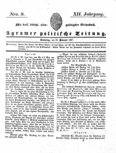 Agramer politische Zeitung : 12,8(1837) / Verlager und Redacteur Franz Stauduar und Ferd. Rosenau.