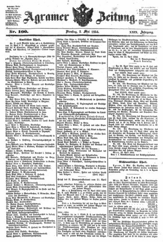 Agramer Zeitung : 29,100(1854) / für die Redaktion verantwortlich Ivan Sonvan. 