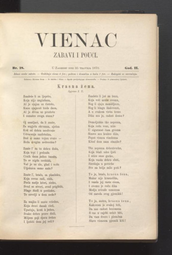 Vienac : zabavi i pouci. : 2,18(1870) / urednik Ivan Perkovac.