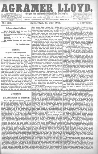 Agramer Lloyd  : organ für volkswirtschaftliche Interessen : 4,106(1901) / verantwortlicher Redacteur E. L. Blau.