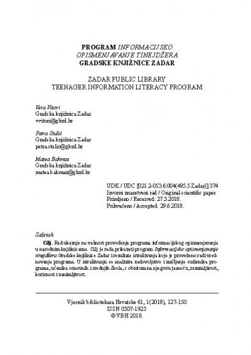 Program Informacijsko opismenjavanje tinejdžera Gradske knjižnice Zadar / Vera Vitori, Petra Stulić, Matea Bakmaz.