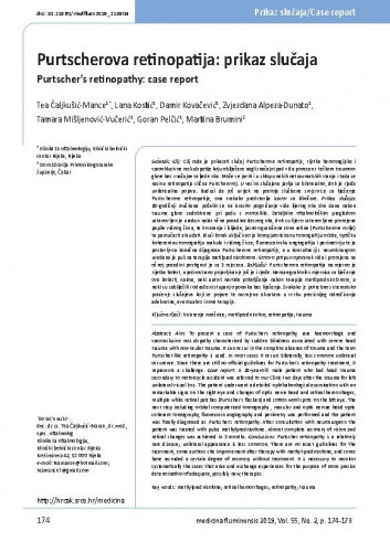 Purtscherova retinopatija : prikaz slučaja = Purtscher’s retinopathy : case report / Tea Čaljkušić-Mance, Lana Kostić, Damir Kovačević, Zvjezdana Alpeza-Dunato, Tamara Mišljenović-Vučerić, Goran Pelčić, Martina Brumini.