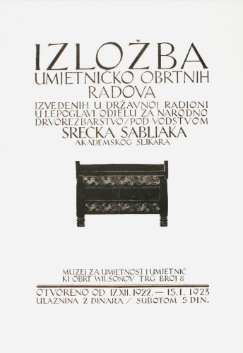 Izložba umjetničko obrtnih radova : izvedenih u državnoj radioni u Lepoglavi, odjelu za narodno drvorezbarstvo, pod vodstvom Srećka Sabljaka, akademskog slikara.
