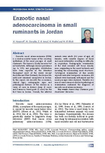 Enzootic nasal adenocarcinoma in small ruminants in Jordan / Wael Hananeh, Mousa Daradka, Zuhair Bani Ismail, Rami Mukbel, Myassar El-Ekish.