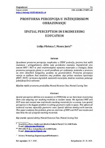 Prostorna percepcija u inženjerskom obrazovanju = Spatial perception in engineering education / Lidija Pletenac, Maura Jurić.