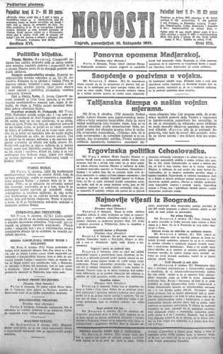 Novosti : 16,273(1921) / odgovorni urednik Lj. Z. Kara.
