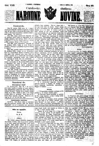 Carsko-kr. službene narodne novine : 22,20(1856)  / privremeni učrednik Dr. Demeter.