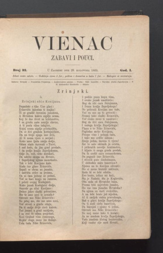 Vienac : zabavi i pouci. : 1,32(1869) / urednik Gjuro Deželić.