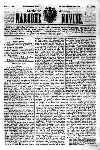 Carsko-kr. službene narodne novine : 26,230(1860)  / odgovorni učrednik Dr. Demeter.