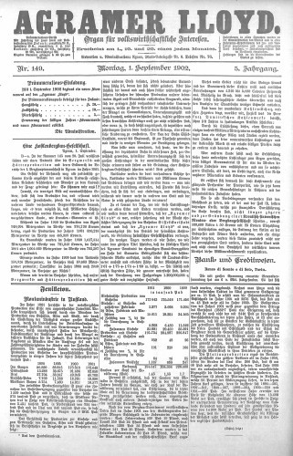 Agramer Lloyd  : organ für volkswirtschaftliche Interessen : 5,149(1902) / verantwortlicher Redacteur E. L. Blau.
