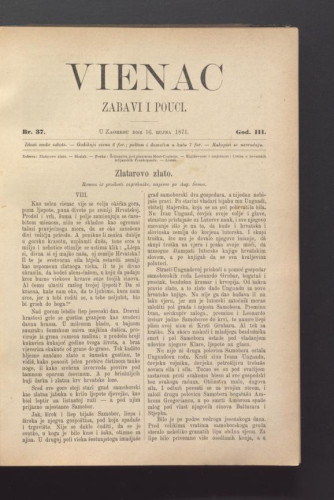 Vienac : zabavi i pouci. : 3,37(1871) / urednik Ivan Dežman.