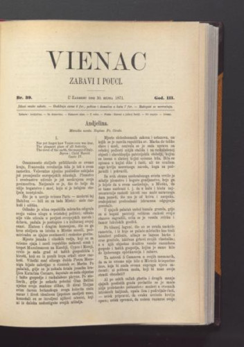 Vienac : zabavi i pouci. : 3,39(1871) / urednik Ivan Dežman.