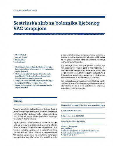 Sestrinska skrb za bolesnika liječenog VAC terapijom / Klaudia Knezić, Jasmina Kruško, Sanela Takus, Mateja Krznar.