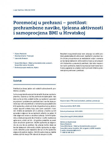 Poremećaj u prehrani - pretilost : prehrambene navike, tjelesna aktivnosti i samoprocjena BMI u Hrvatskoj / Dijana Maslarda, Natalija Uršulin-Trstenjak, Leonardo Bressan.