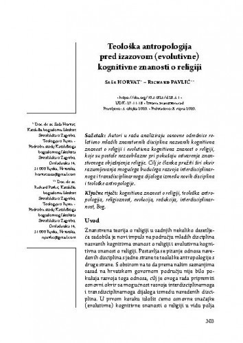 Teološka antropologija pred izazovom (evolutivne) kognitivne znanosti o religiji / Saša Horvat, Richard Pavlić.