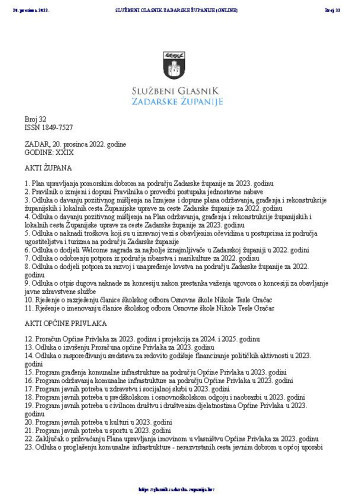 Službeni glasnik Zadarske županije : 29,32(2022)  / glavna urednica Marina Plenča Alibašić.