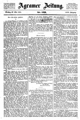 Agramer Zeitung : 26,122(1851) / für die Redaktion verantwortlich Ivan Sonvan