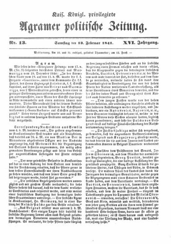 Agramer politische Zeitung : 16,13(1841) / Verlager und Redacteur Franz Stauduar und Ferdinand Rosenau.
