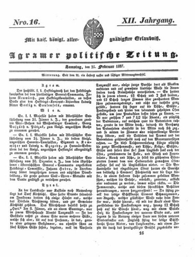 Agramer politische Zeitung : 12,16(1837) / Verlager und Redacteur Franz Stauduar und Ferd. Rosenau.