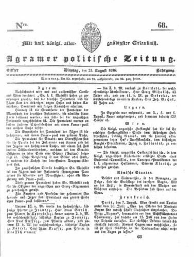 Agramer politische Zeitung : 11,68(1836) / Verlager und Redacteur Franz Stauduar und Ferd. Rosenau.