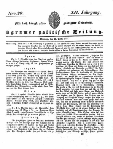 Agramer politische Zeitung : 12,29(1837) / Verlager und Redacteur Franz Stauduar und Ferd. Rosenau.