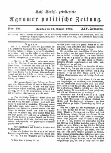 Agramer politische Zeitung : 14,68(1839) / Verlager und Redacteur Franz Stauduar und Ferdinand Rosenau.