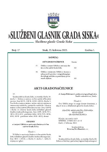 Službeni glasnik Grada Siska :  službeno glasilo Grada Siska : 1,17(2022) / uredništvo Gordana Karapandža Prica ... [et al.].
