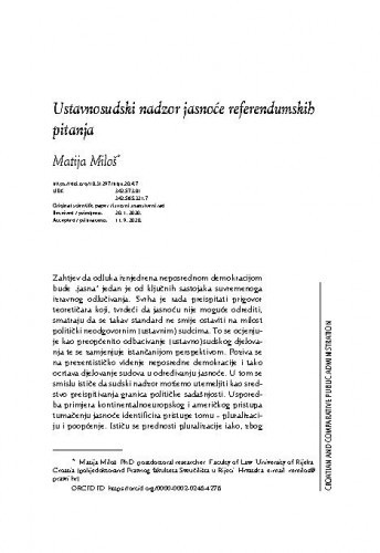 The constitutional review of the clarity of referenda questions / Matija Miloš.