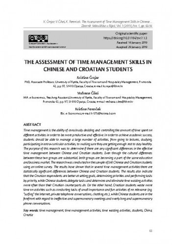 The assessment of time management skills in Chinese and Croatian students / Kristina Črnjar, Vedrana Čikeš, Kristina Ferenčak.