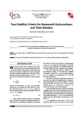 Two stability criteria for benzenoid hydrocarbons and their relation / Ivan Gutman, Izudin Redžepović, Boris Furtula.