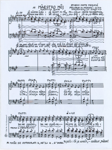 Maestro moj : mješovita klapa / harmonizacija Dinko Fio ; melodija A. Mekinić i D. Fio ; stihovi Ante Mekinić.