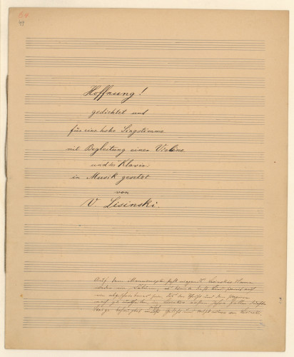 Hoffnung! /gedichtet und für eine hohe Singstimme mit Begleitung einer Violine und des Klavirs [!] in Musik gesetzt von V. Lisinski.