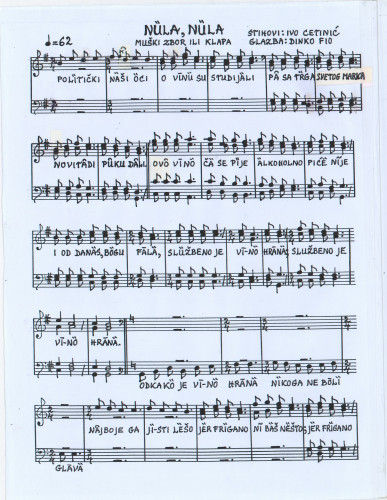 Nula, nula : muški zbor ili klapa / glazba Dinko Fio ; stihovi Ivo Cetinić.