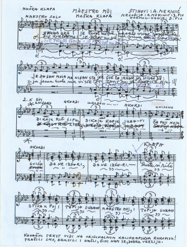 Maestro moj : muška klapa / harmonizacija D. Fio ; melodija A. Mekinić i D. Fio ; stihovi A. Mekinić.